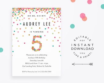 Girls 5th Birthday Invitation, Instant Download Printable PDF. 5 year old girl birthday party invites in mint, teal, pink and gold confetti!