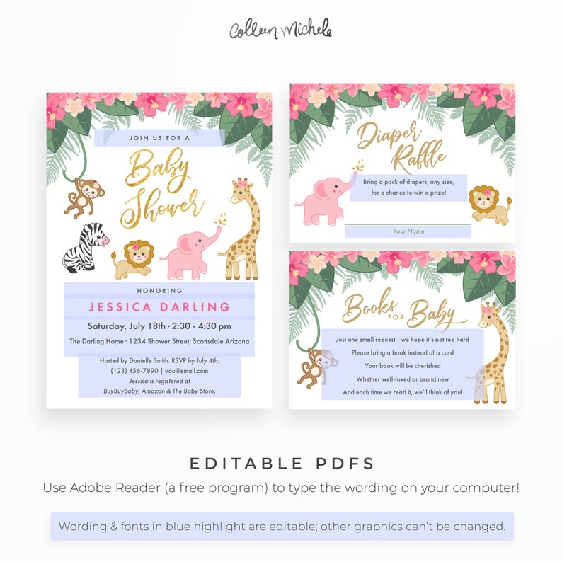 Pink Girl Safari Baby Shower Stationery Set, Instant download Editable PDFs Safari Invitation, Book Request, Diaper Raffle, & Thank You card image 2