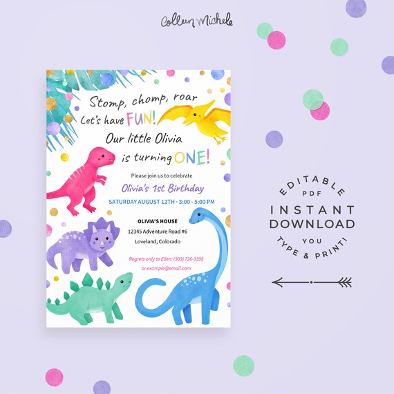 Dinosaur 1st Birthday Invitation Girl, Instant Download Editable PDF. Stomp Chomp Roar! Girls 1st birthday party invites with cute dinosaurs Il_570xn