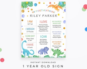 Dinosaur 1 Year Old Sign. First birthday poster, editable PDF instant download. DIY the details for your one-year-old!