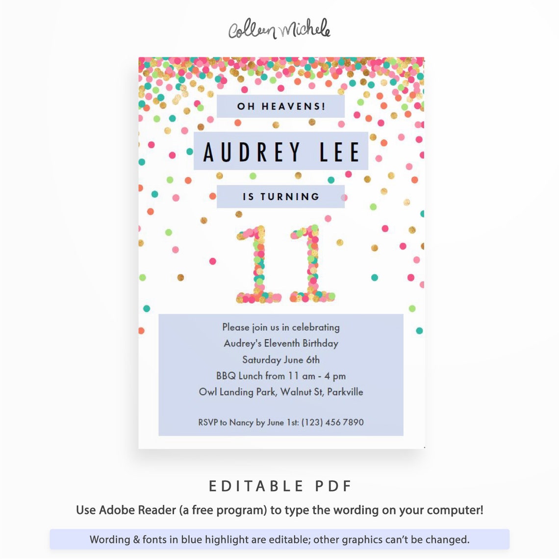 Girl 11th Birthday Invitation Instant Download Printable Pdf Etsy