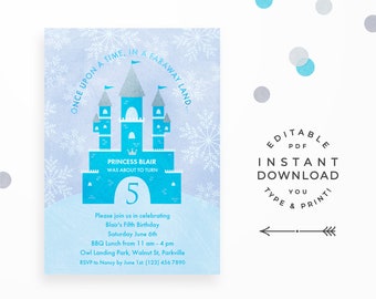 Ice Princess Birthday Invitation, Instant Download Editable PDF. Frozen blue castle for a winter princess party! Printable invitation.