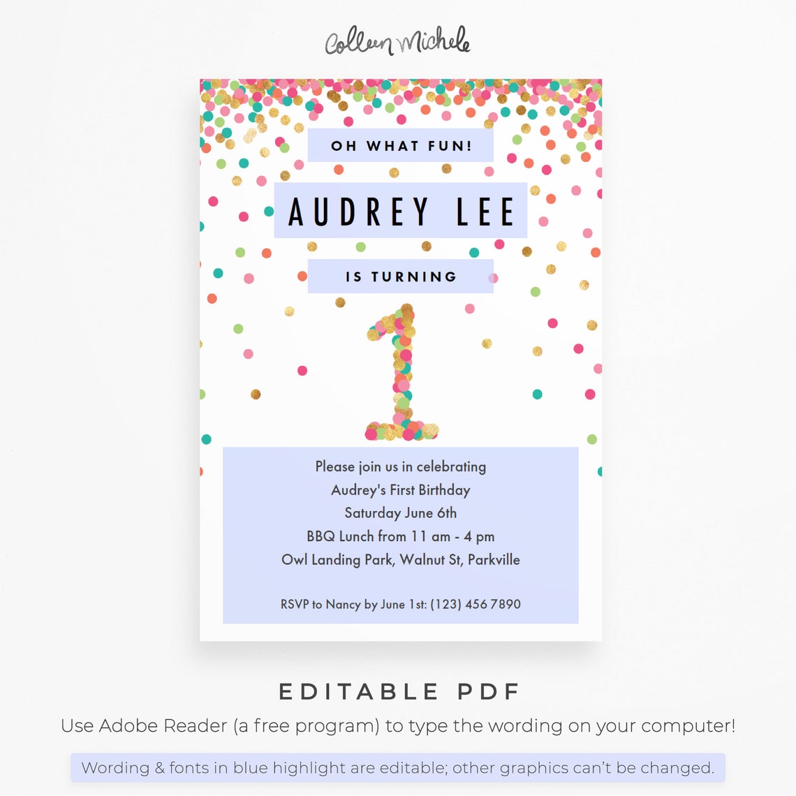 Girl 1st Birthday Invitation Instant Download Printable PDF. - Etsy