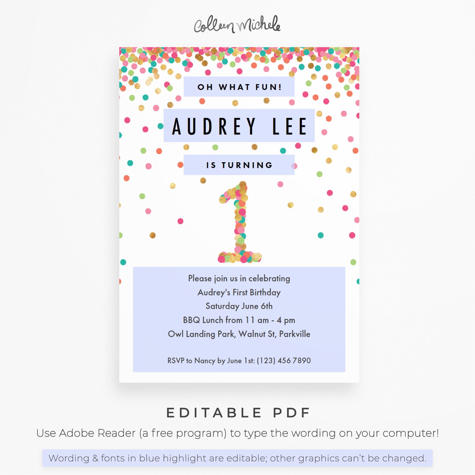 Girl 1st Birthday Invitation Instant Download Printable PDF. | Etsy