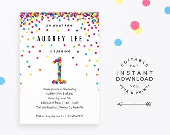 Rainbow 1st Birthday Invitation Editable PDF, instant download printable. Cute rainbow confetti invite for boy or girl first birthday party!