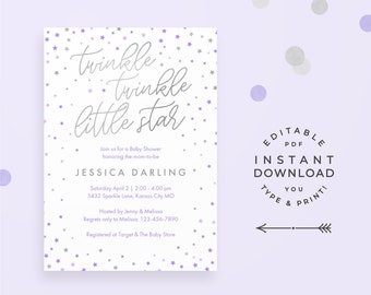 Girl Twinkle Little Star Shower Invitation, Instant Download PDF Printable. Pretty purple baby shower invitation with silver stars!