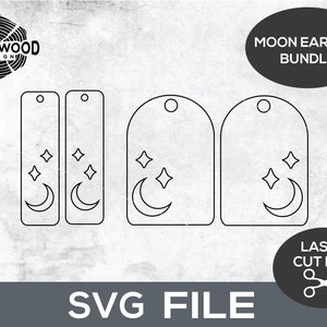 May include: SVG file design for laser cutting moon earring templates. The design features a crescent moon with stars. The file includes four different shapes for earrings.