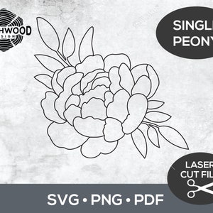 Archivo SVG de corte láser de flor de peonía, archivo de corte Glowforge, SVG de peonía, archivo de una sola línea cortado con láser, diseño láser floral, plantilla de sierra de calar de flores