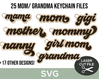 Mom Keychain Laser SVG Bundle, Mama Keychain File, Glowforge Keychain File, Mother's Day Laser File Gifts, Mother Laser SVG Groovy Keychain