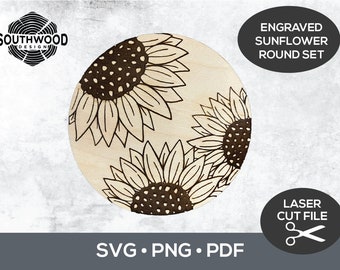 SVG Engraved Sunflower Floral Laser Cut File, Flower Digital Download, Glowforge Sunflower File, Flower SVG Laser file, Glowforge flower svg