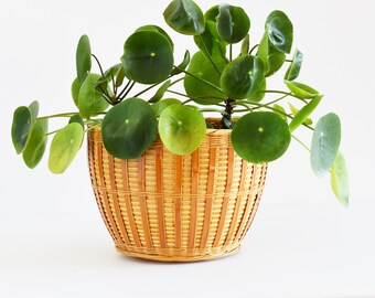 Vintage Plant Basket - Medium Size - Split Bamboo - Cane Plant Pot Holder - Boho Style - Wicker Planter - 1970's Era