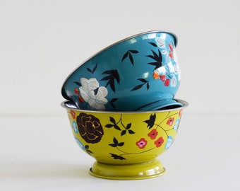 Pre loved Kashmir Hand painted little bowls - Set of 2 bowls - Yellow with colourful Florals - Unknown date