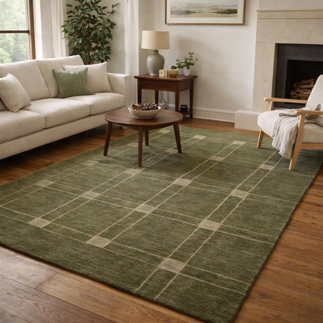 Modern Olive Green Grid Area Rug: Minimalist Geometric 5x7 Ft Rug - Etsy