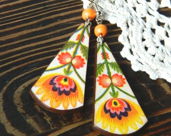 Art populaire polonais, bijoux inspirés de la nature, boucles d'oreilles fleurs orange rouge vert, boucles d'oreilles flamenco, boucles d'oreilles bohèmes, cadeau pour amateur de folk