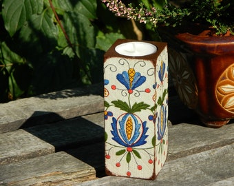 Bougeoirs folkloriques polonais en bois, photophore à motif cachoube bleu et blanc, décoration d'intérieur fabriquée en Pologne, cadeau de Noël pour Babcia