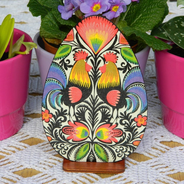 Easter decor vintage farmhouse style, Easter Egg with Polish folk paper cuts roosters from Lowicz, Gifts Easter basket ideas, polish pisanka