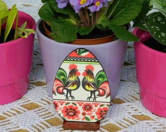 Red and white spring decoration with two modern folk roosters, Pysanky, Polish folk art, Easter egg from Poland, Polska pisanki gift