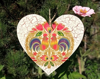 Polish folk art on wood heart, Rustic home décor, Gift from Poland, Polish wycinanki