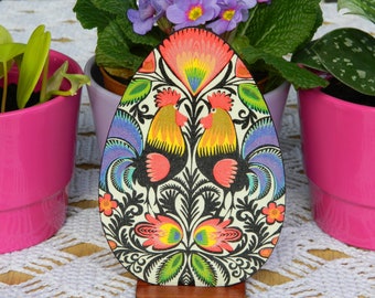 Easter decor vintage farmhouse style, Easter Egg with Polish folk paper cuts roosters from Lowicz, Gifts Easter basket ideas, polish pisanka