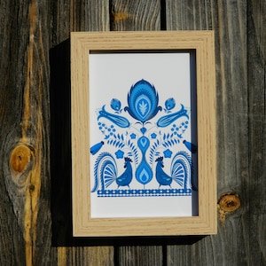 Polish folk art framed print, Rustic home décor, Gift from Poland, Polish wycinanki, Blue and white print with rooster