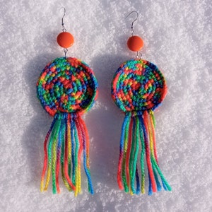 Large multicolored wool earrings, light soft boho fringe jewelry, colorful orange rainbow, bold brave extravagant, cheerful creative funky zdjęcie 1