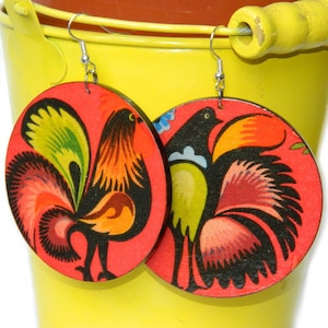 Boucles d'oreilles wycinanki d'art populaire polonais, bijoux bohème coq, grandes boucles d'oreilles rondes rouges et noires avec poule et coq