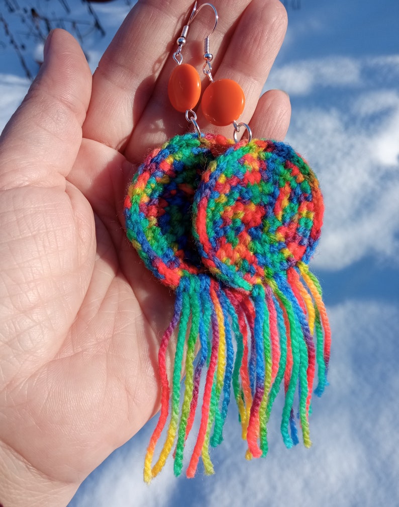 Large multicolored wool earrings, light soft boho fringe jewelry, colorful orange rainbow, bold brave extravagant, cheerful creative funky zdjęcie 8