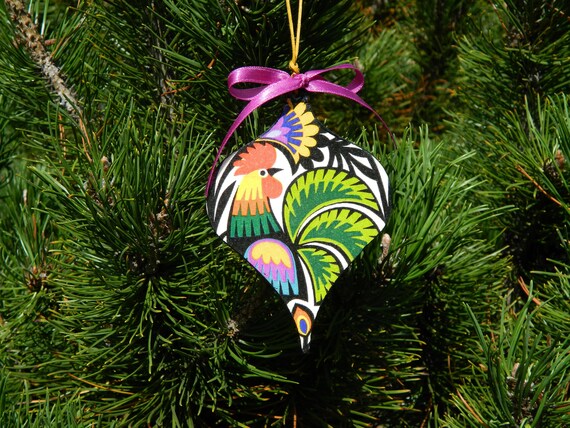 Wooden Christmas Tree Bauble Polish Folk Rustic Rooster Etsy