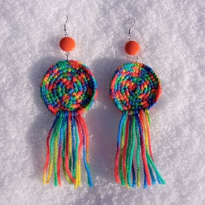 Large multicolored wool earrings, light soft boho fringe jewelry, colorful orange rainbow, bold brave extravagant, cheerful creative funky zdjęcie 4