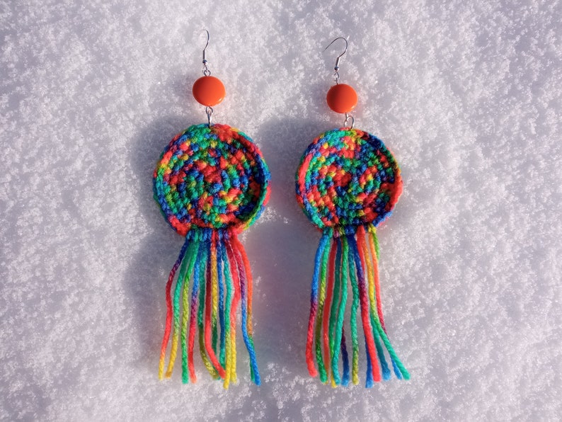 Large multicolored wool earrings, light soft boho fringe jewelry, colorful orange rainbow, bold brave extravagant, cheerful creative funky zdjęcie 4