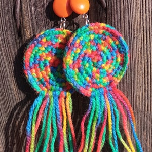 Large multicolored wool earrings, light soft boho fringe jewelry, colorful orange rainbow, bold brave extravagant, cheerful creative funky zdjęcie 5