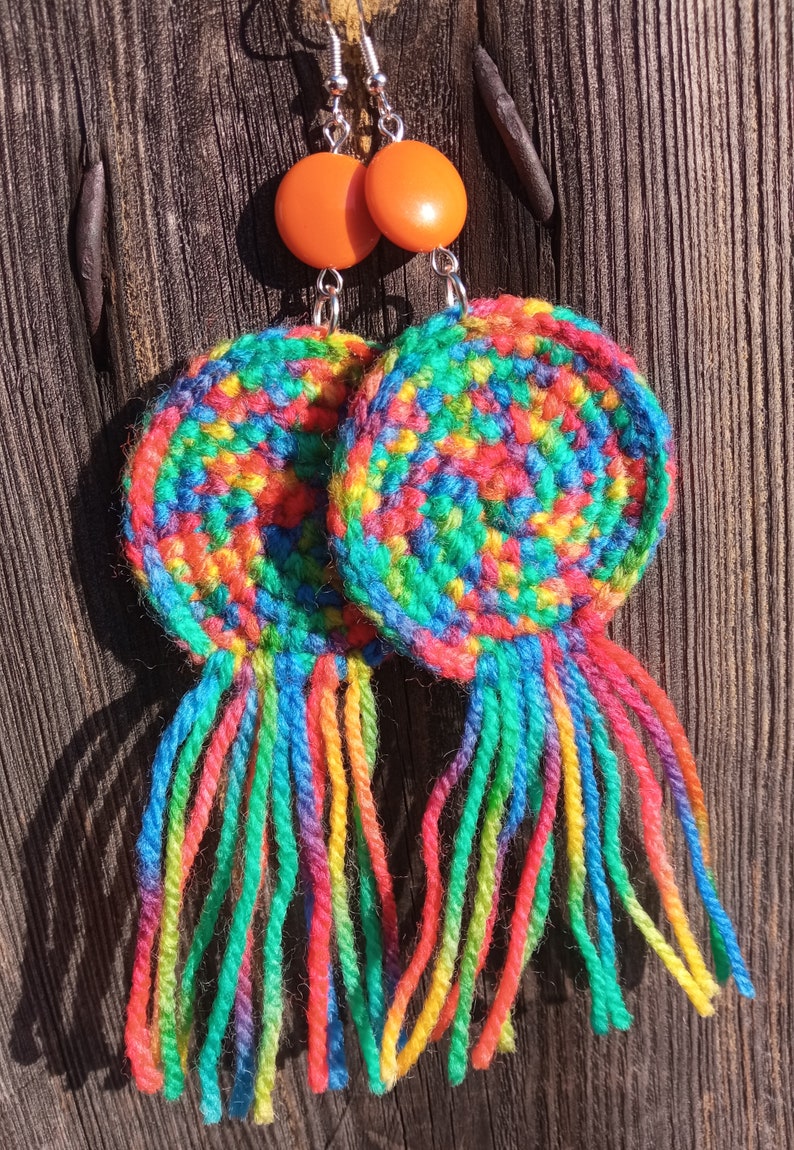 Large multicolored wool earrings, light soft boho fringe jewelry, colorful orange rainbow, bold brave extravagant, cheerful creative funky zdjęcie 5