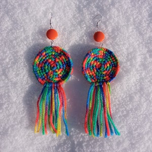 Large multicolored wool earrings, light soft boho fringe jewelry, colorful orange rainbow, bold brave extravagant, cheerful creative funky zdjęcie 9