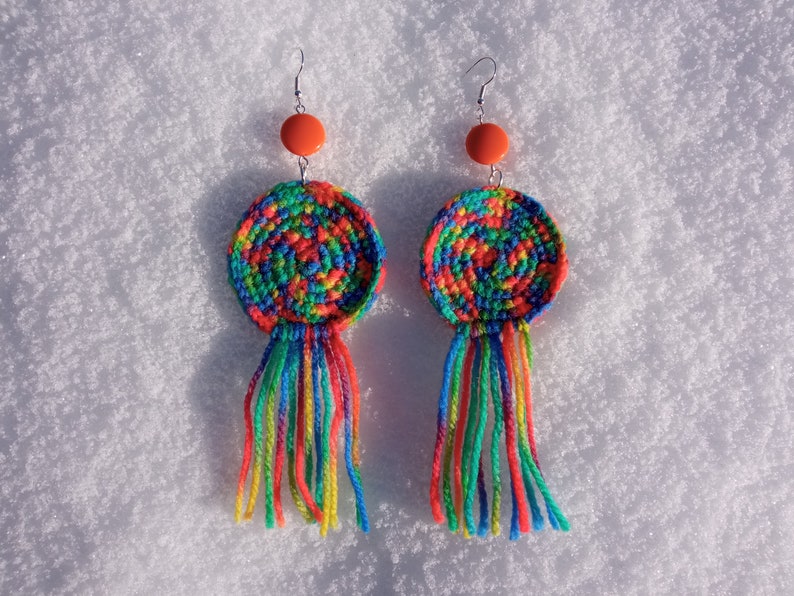 Large multicolored wool earrings, light soft boho fringe jewelry, colorful orange rainbow, bold brave extravagant, cheerful creative funky zdjęcie 9