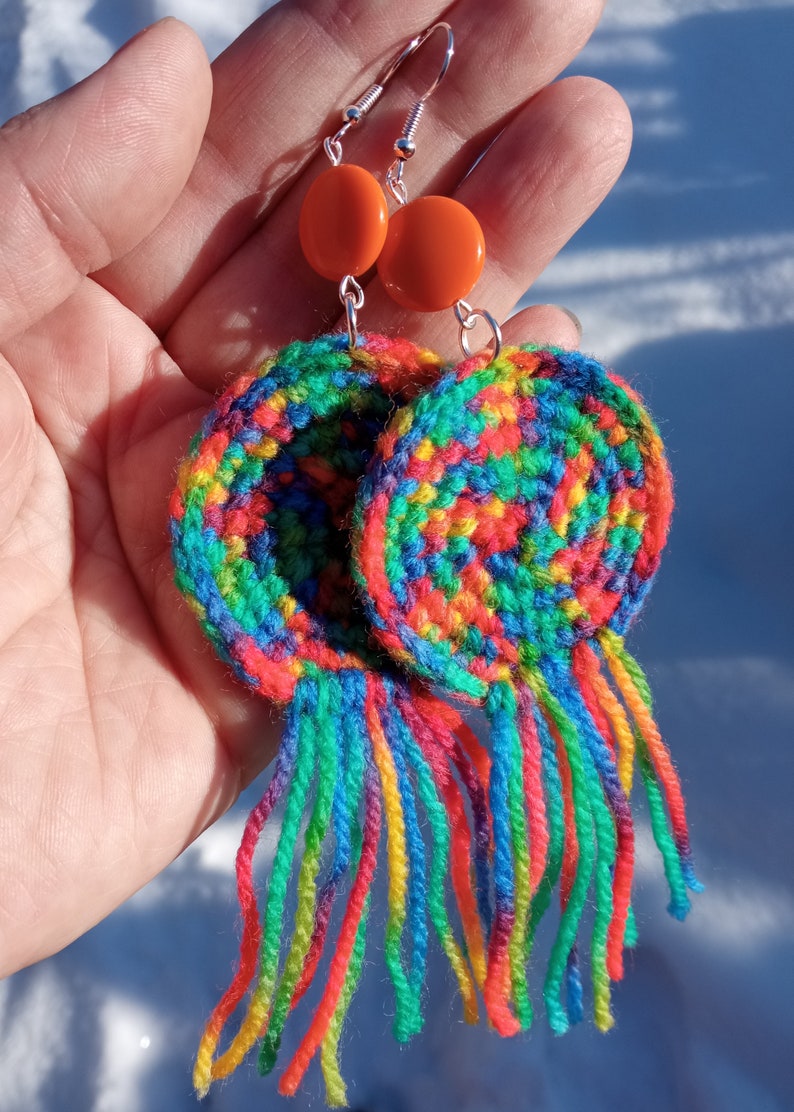 Large multicolored wool earrings, light soft boho fringe jewelry, colorful orange rainbow, bold brave extravagant, cheerful creative funky zdjęcie 2