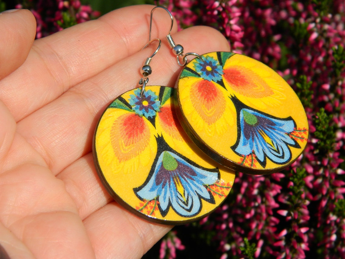 Polish folk art earrings Made in poland jewelry Wooden Etsy