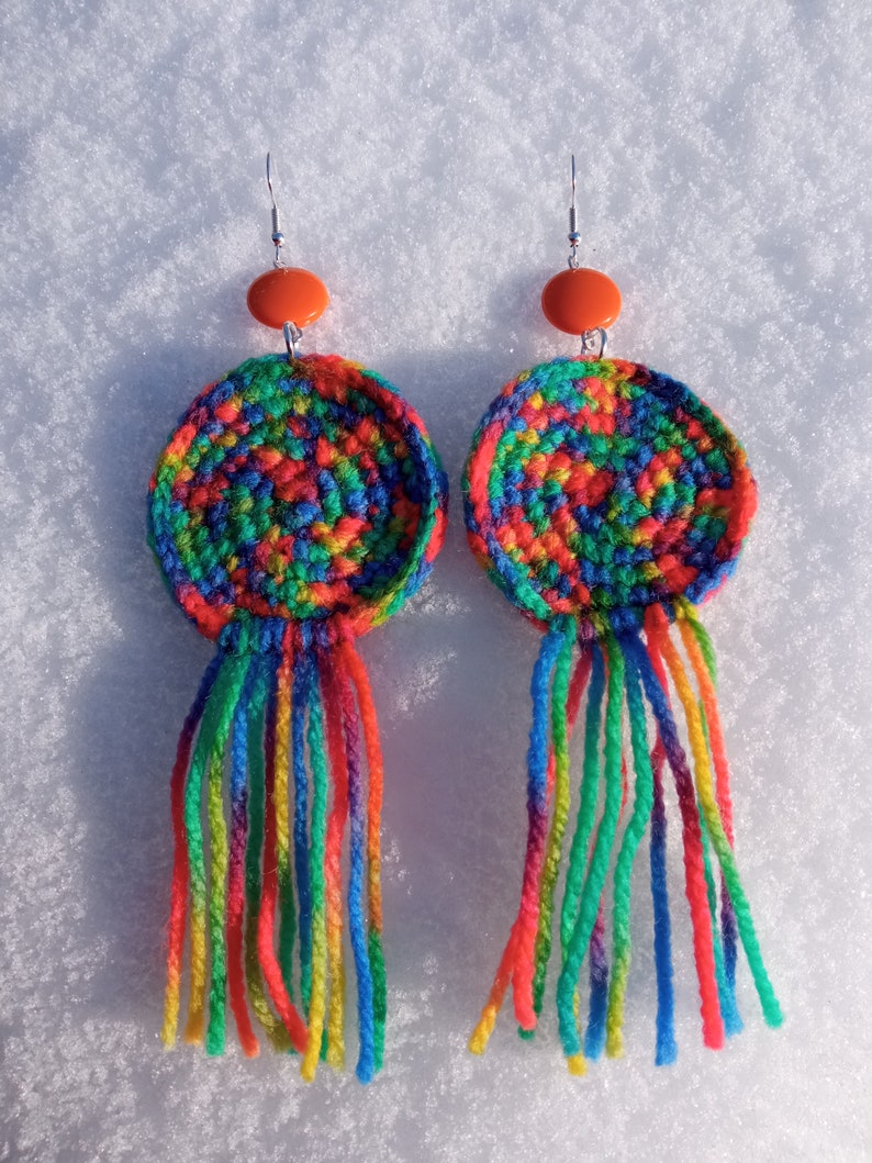 Large multicolored wool earrings, light soft boho fringe jewelry, colorful orange rainbow, bold brave extravagant, cheerful creative funky zdjęcie 6