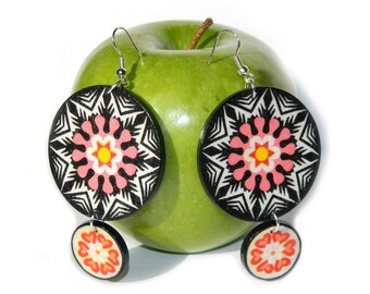 Large unique black and white mandala earrings with pink center, Boho dangle exotic design Birthday gift for special woman with artistic soul