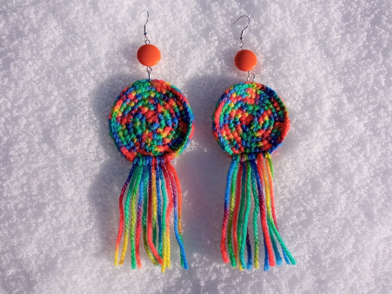 Large multicolored wool earrings, light soft boho fringe jewelry, colorful orange rainbow, bold brave extravagant, cheerful creative funky zdjęcie 1