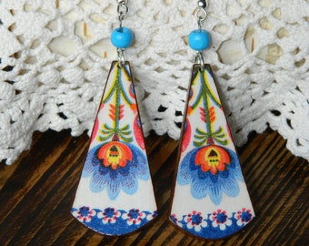 Folk art earrings, Blue and white boho dangle earrings, Mexican jewelry, Ethnic flowers earrings, Poland folk art, Boho inspired jewelry