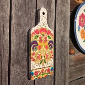 Rustic ornament for kitchen, Polish folk art bread chopping board, shabby chic decor with rooster of wood, Decorative cutting board, gift