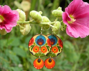 Polish folk art, Floral orange red blue green earrings, Boho ethnic jewelry, Multicolor earrings, Flamenco jewelry, Polish paper cut