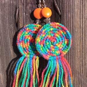 Large multicolored wool earrings, light soft boho fringe jewelry, colorful orange rainbow, bold brave extravagant, cheerful creative funky zdjęcie 10