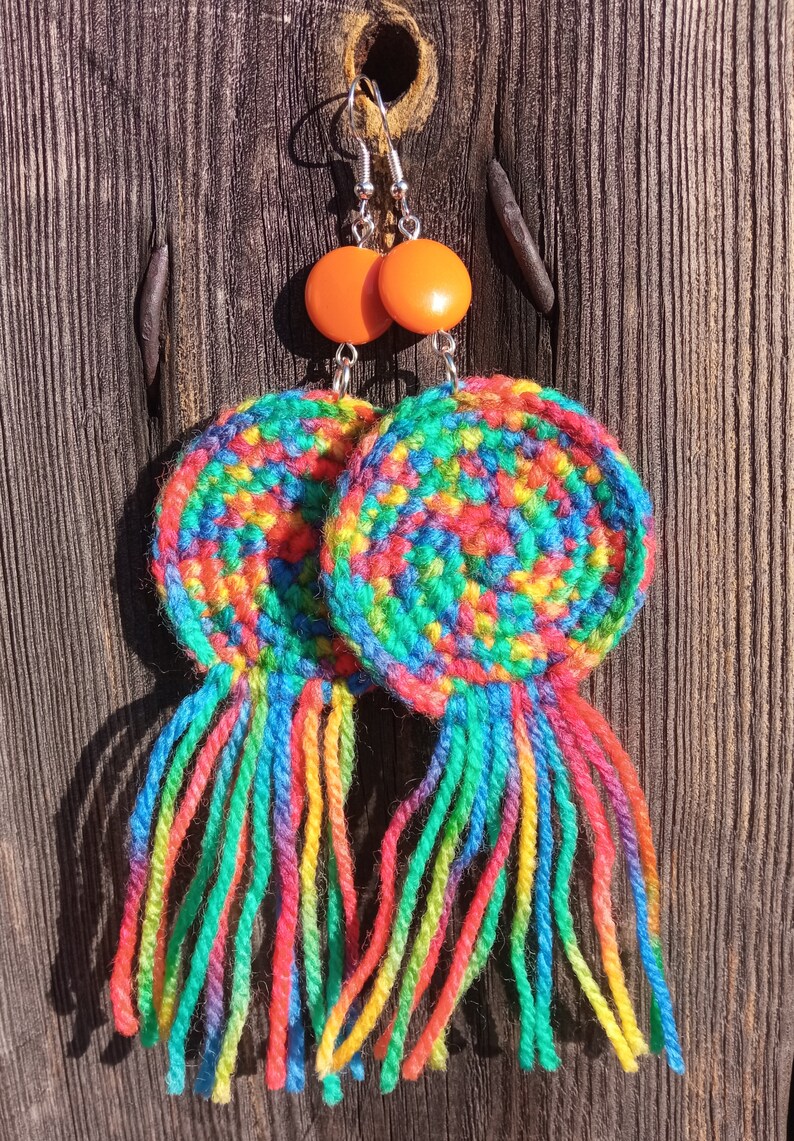 Large multicolored wool earrings, light soft boho fringe jewelry, colorful orange rainbow, bold brave extravagant, cheerful creative funky zdjęcie 10