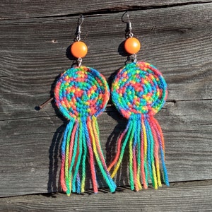 Large multicolored wool earrings, light soft boho fringe jewelry, colorful orange rainbow, bold brave extravagant, cheerful creative funky zdjęcie 3