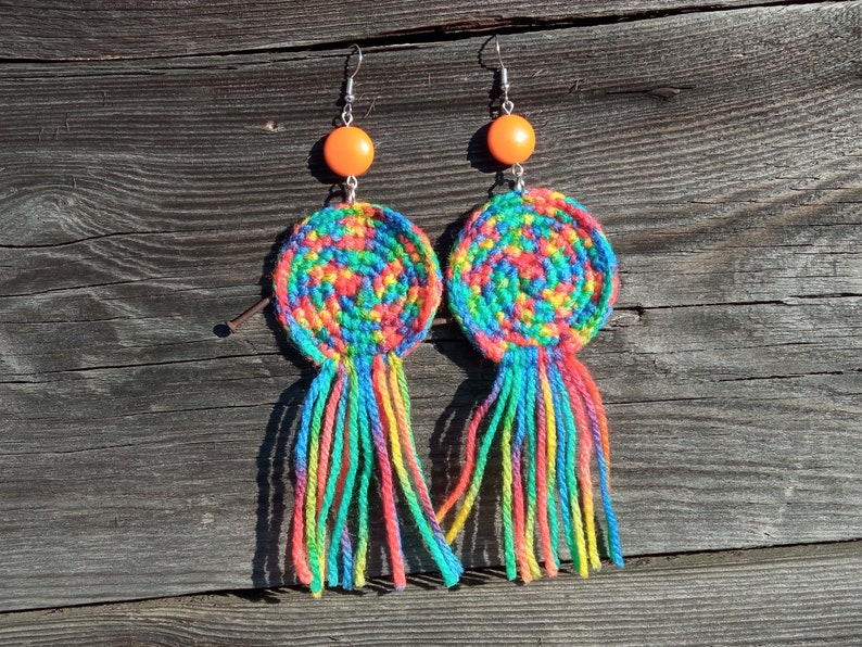 Large multicolored wool earrings, light soft boho fringe jewelry, colorful orange rainbow, bold brave extravagant, cheerful creative funky zdjęcie 3