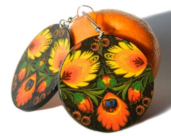 Polish folk art floral jewelry, black earrings with orange and yellow flowers, Folk papercut flowers, Made in Poland gift, Flamenco earrings