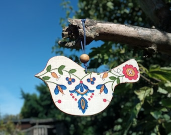 Arte popular polaco Decoración rústica del hogar, pájaro de madera con flores azules casubias, regalo de cumpleaños, adorno de árbol de Navidad, estética cottagecore