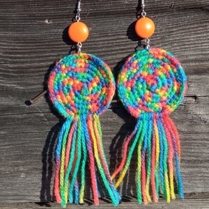Large multicolored wool earrings, light soft boho fringe jewelry, colorful orange rainbow, bold brave extravagant, cheerful creative funky zdjęcie 7