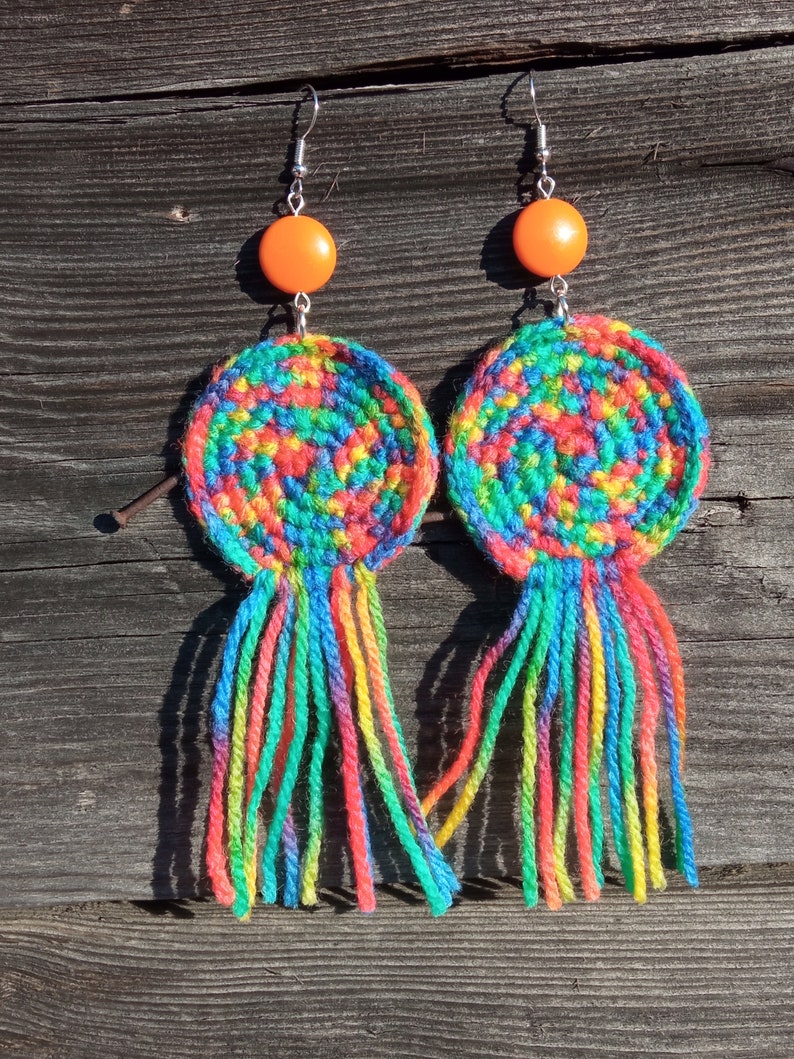 Large multicolored wool earrings, light soft boho fringe jewelry, colorful orange rainbow, bold brave extravagant, cheerful creative funky zdjęcie 7